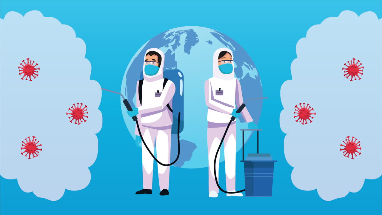 trabajadores de bioseguridad con limpiador de pulverización covid-19 desinfectados y planeta tierra