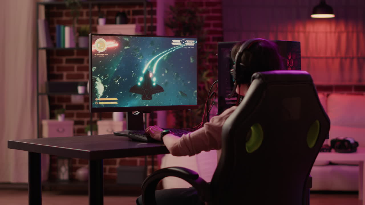 Over shoulder view of gamer girl relaxing and streaming on internet fast paced space shooter simulation gameplay
