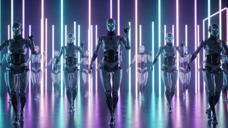 a futuristic scene featuring advanced humanoid robots moving in synchrony amidst vibrant neon lights and sleek digital aesthetics of a modern environment