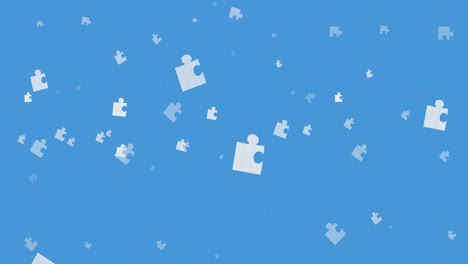 animación de piezas blancas de rompecabezas que caen sobre un fondo azul