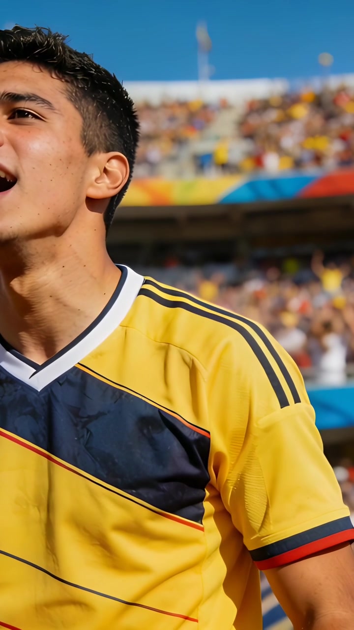 Video verticale: Calciatore che urla e celebra un gol nello stadio con una maglia giallo-blu, insieme ai tifosi.