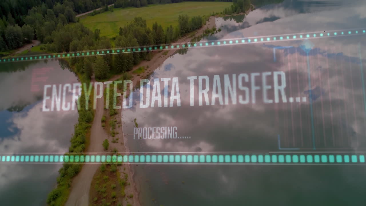 Peninsula being visualized from aerial view, showing lake reflections and floating data overlays