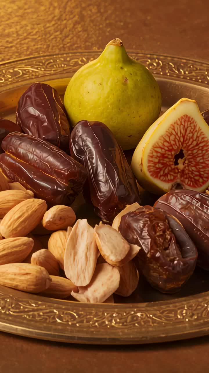 Vertical video: Shifting camera altering light on brass platter at table showing figs dates almonds