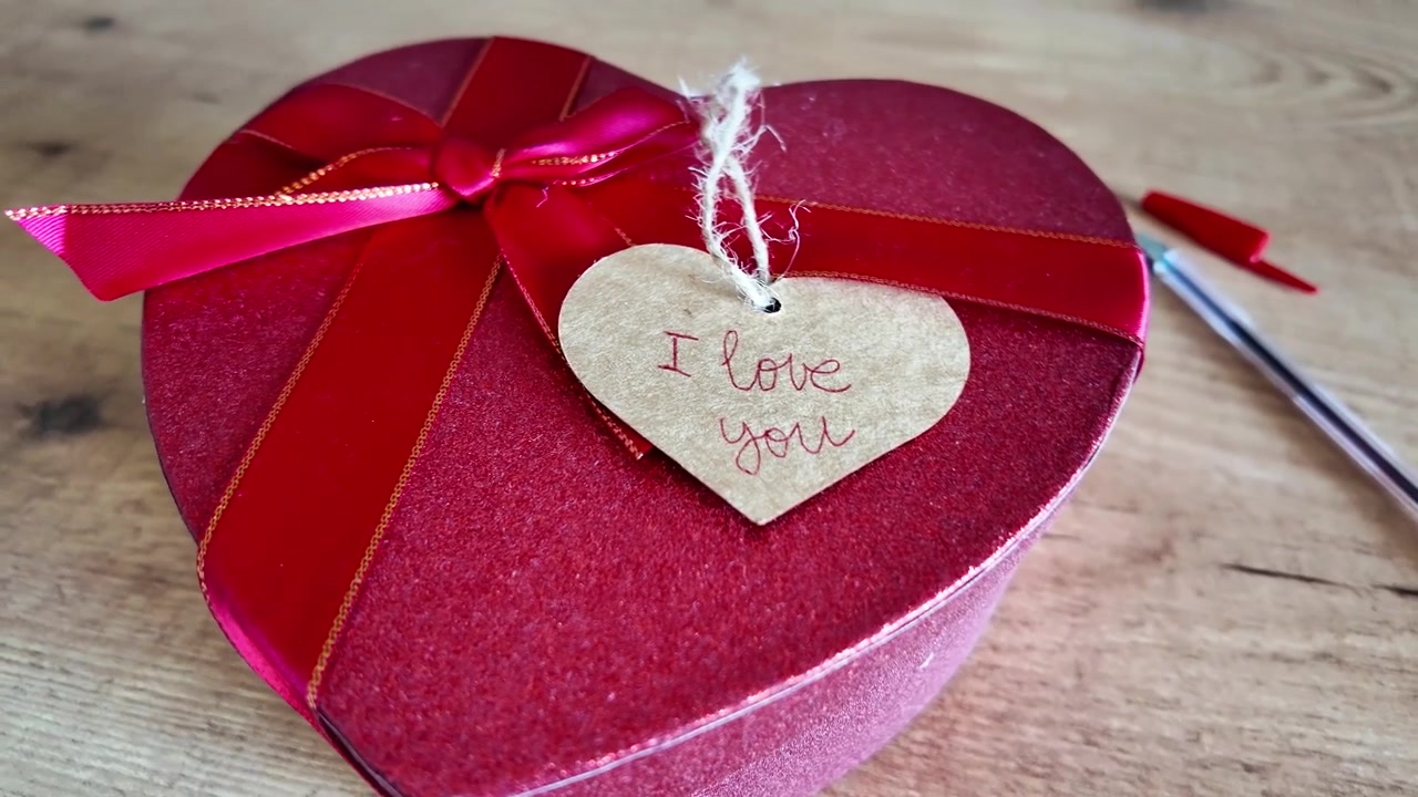 Caja de regalo en forma de corazón con etiqueta "Te amo", concepto de amor romántico