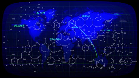 chemical formulas and coordinates animation over world map