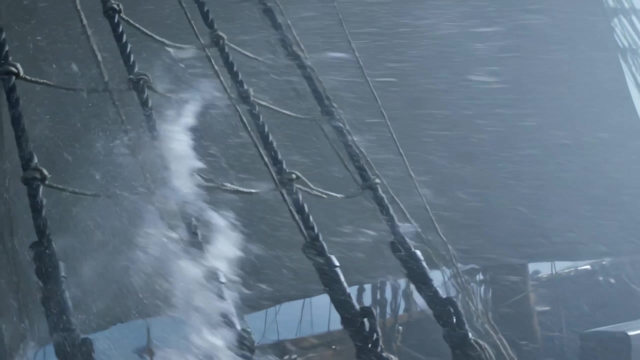Nach Böen bläht sich das Segeltuchsegel, Schiffsrigg und Segel bewegen sich am Vorderdeck, mit einer Rauchwolke.