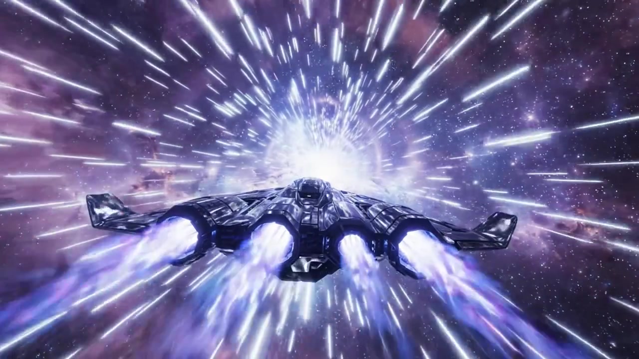 Uno straordinario incontro di fantascienza: un'astronave futuristica che si propaga attraverso una nebulosa colorata verso un'esplosione cosmica in espansione nello spazio profondo.