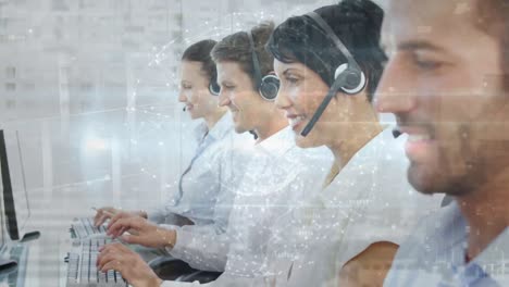 Animation-of-globe-over-business-people-using-phone-headsets