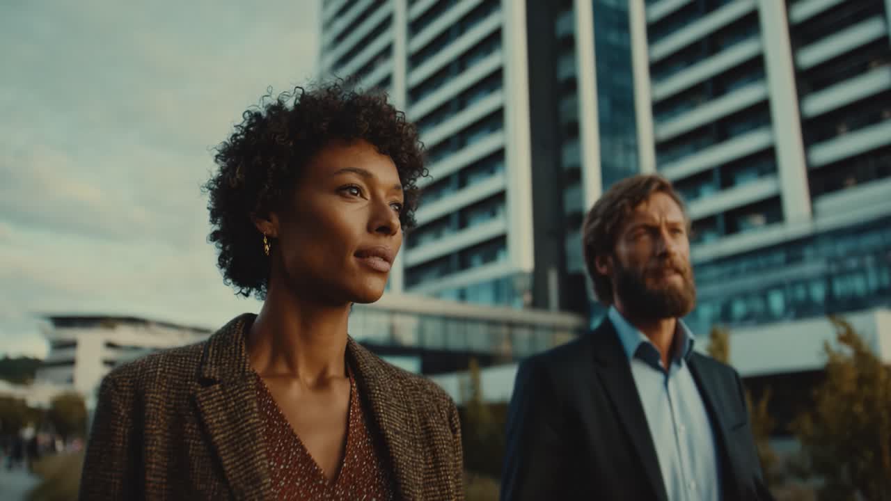 A Thoughtful Journey: A Woman and Man Walking Serene Streets Amidst Modern Architecture, Reflecting on Life and Aspirations in a Dynamic Urban Landscape