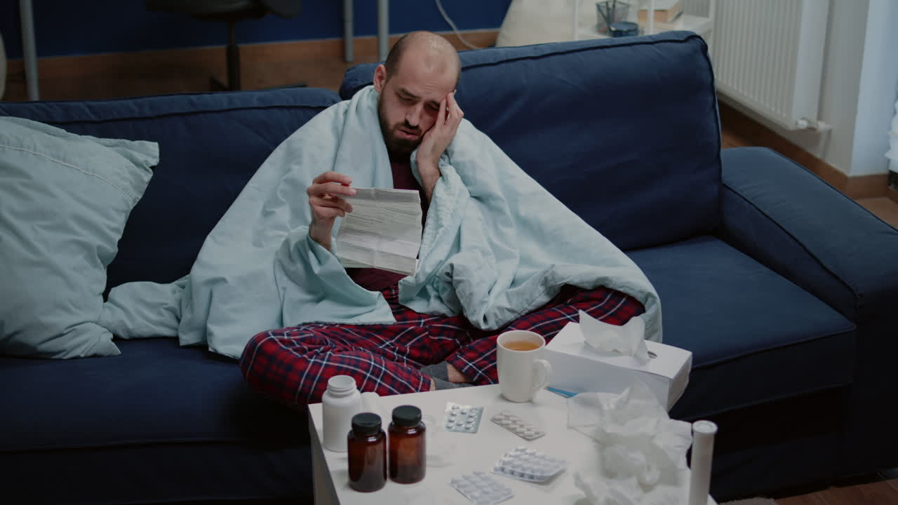 Man with sickness reading medicament information leaflet