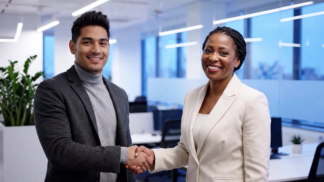 Professional handshake between two colleagues in a modern office setting, showcasing collaboration and mutual agreement in a business environment.