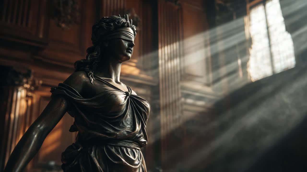 A Stunning Depiction of Justice: A Blindfolded Lady Standing Tall Beneath Beautiful Light Rays in an Elegant, Regal Courtroom Setting