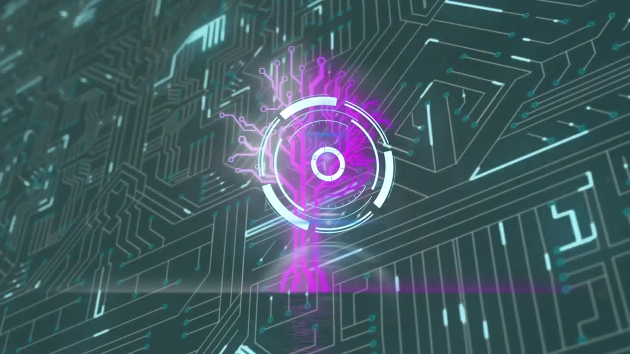 animazione del cerchio di elaborazione e del circuito integrato su sfondo nero.