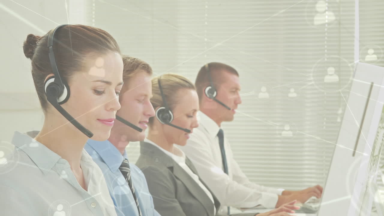 전화 헤드 ⁇ 을 착용 한 사업가 들 을 통한 연결 네트워크 의 애니메이션