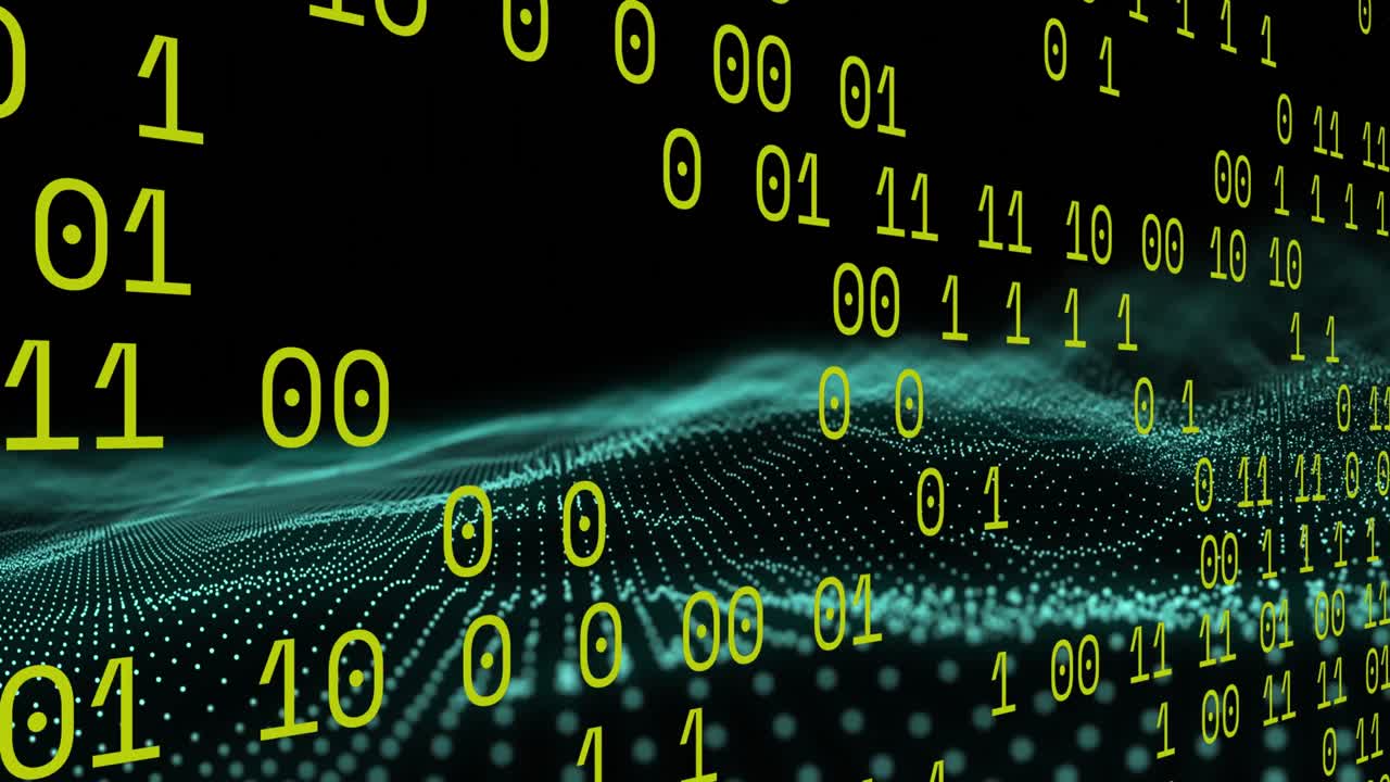 Binary coding data processing over green digital wave floating against black background
