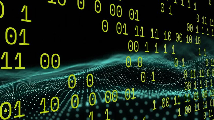 Binary coding data processing over green digital wave floating against black background