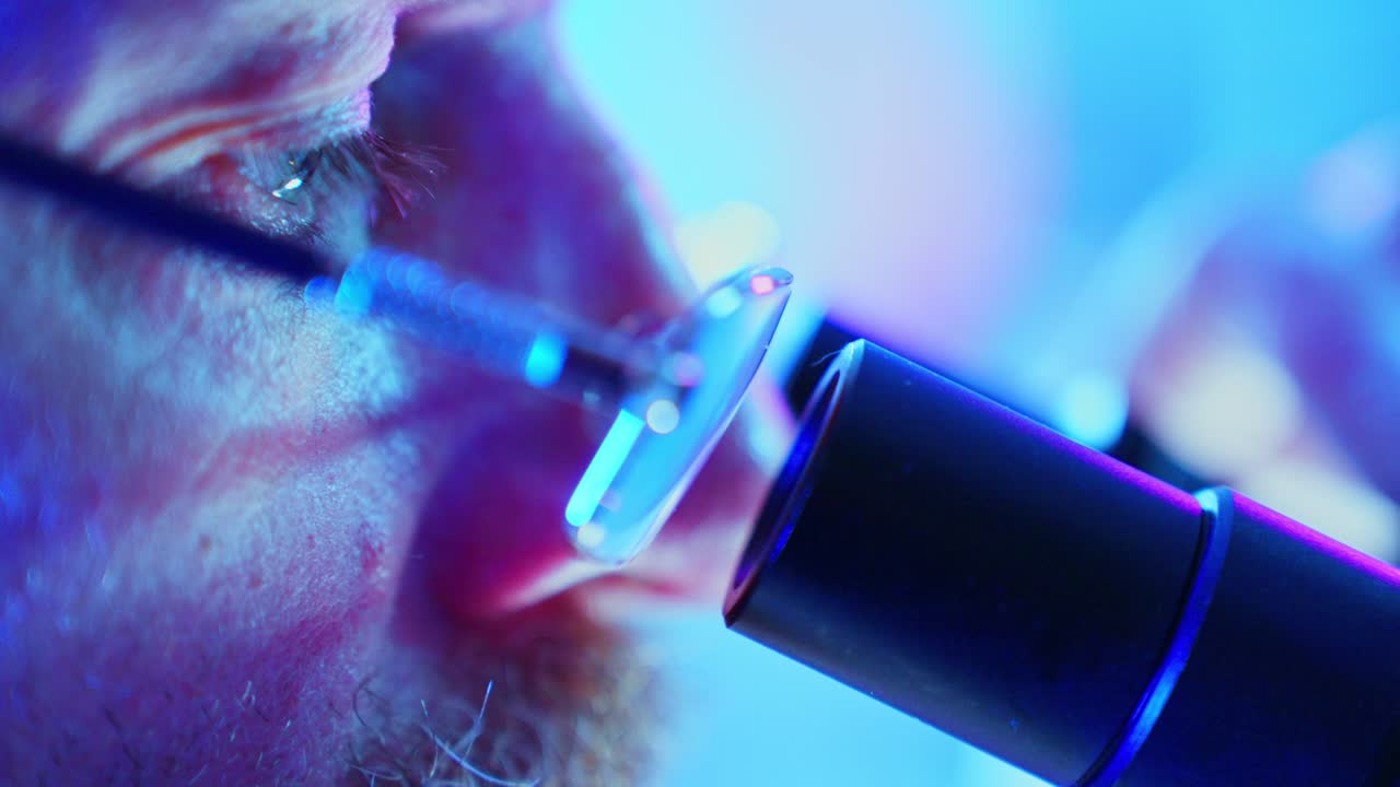 Detailed View of Human Eye Looking into Microscope