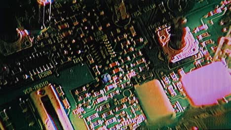 circuit board macroshot, glitch, analog electronic board with distortion, colorful glitching pattern, matrix glitches, interference, tv noise, electronics, motherboard error, crashing, computer crash