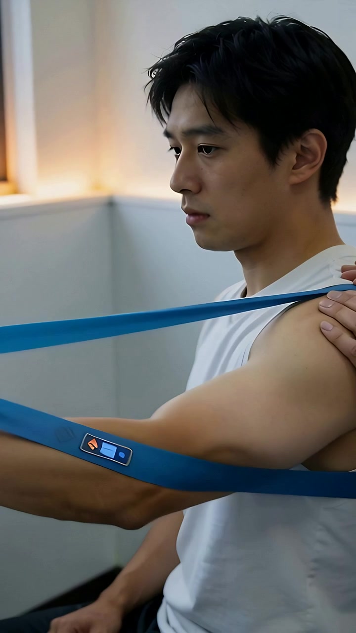 Video verticale: Modulo a fascia che guida un uomo asiatico che si allena in un angolo della palestra, con una mano sulla spalla, in canotta bianca.