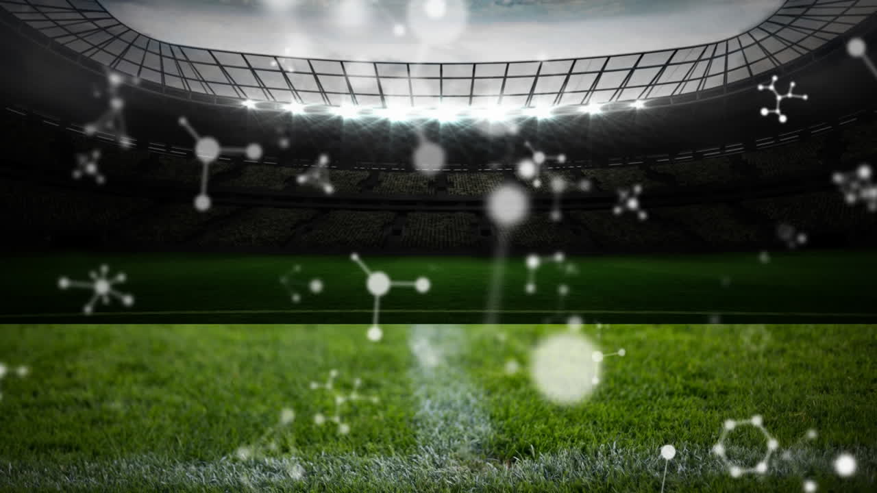 스타디움 위에서 회전하는 분자의 애니메이션