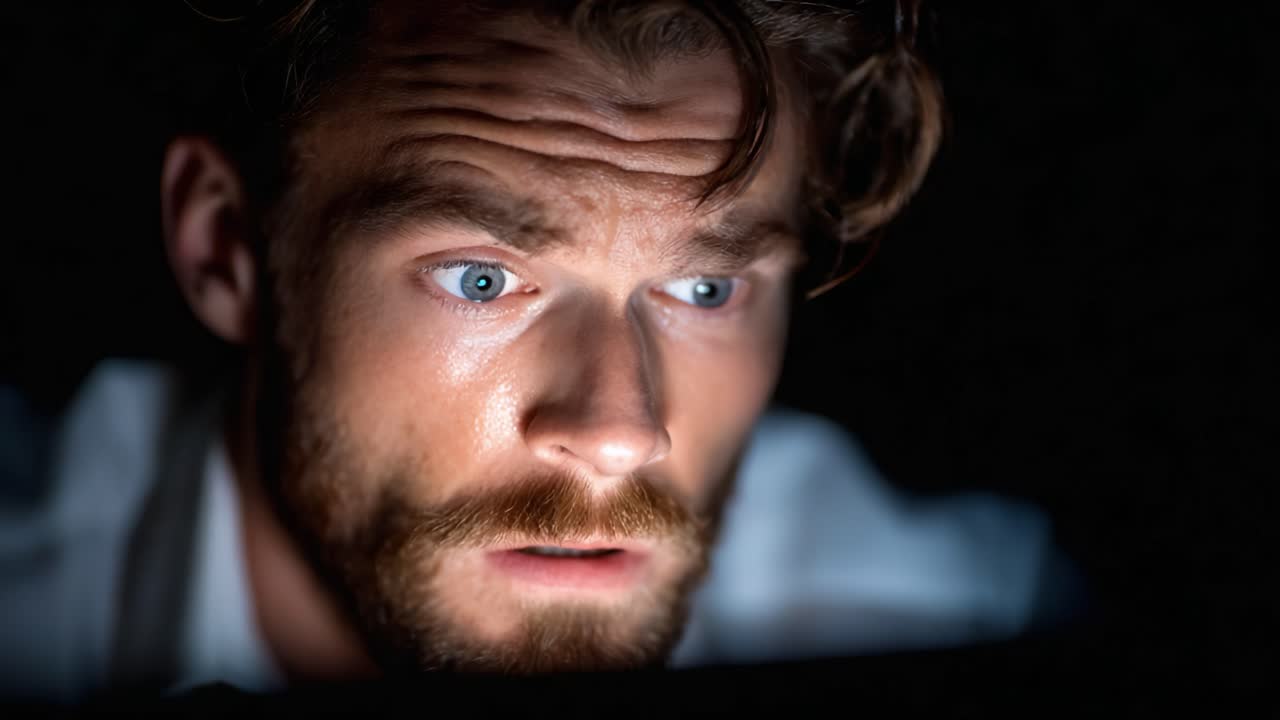 Captivated and Engrossed: A Man's Intense Reaction While Engaging with Digital Content in a Dimly Lit Environment, Reflecting Curiosity and Intrigue