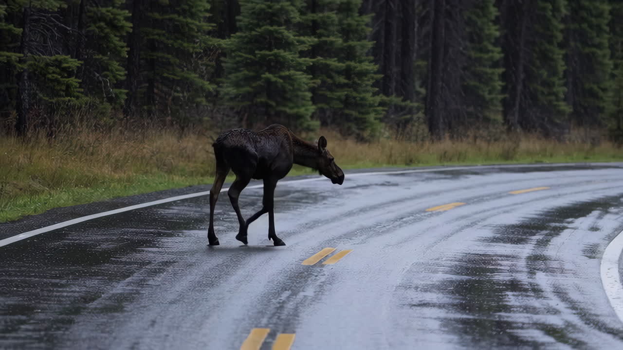 Young Moose on a Rainy Road