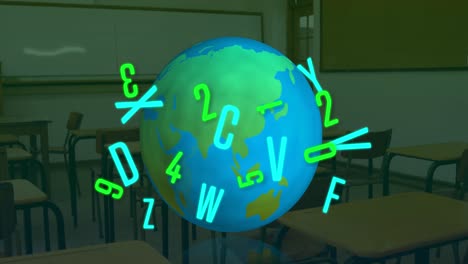 Digital-composition-of-changing-numbers-and-alphabets-over-spinning-globe-against-empty-classroom