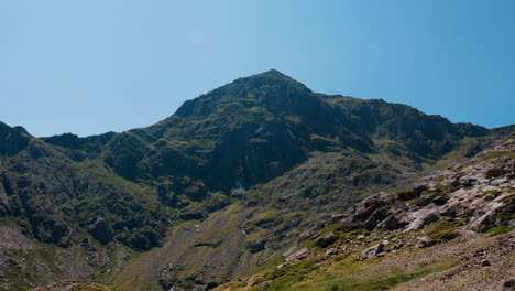 a long shot of the top of snowdon mountain on a sunny day in summer