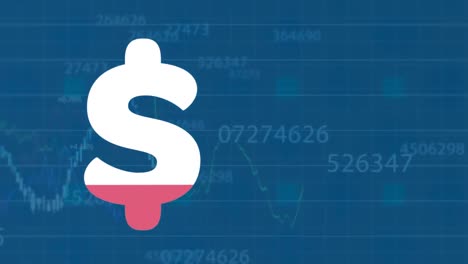 animation of dollar symbol filling up and financial data processing and numbers on blue background