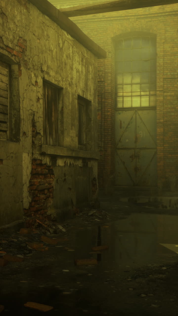 Abandoned alley in twilight revealing a forgotten world of decay