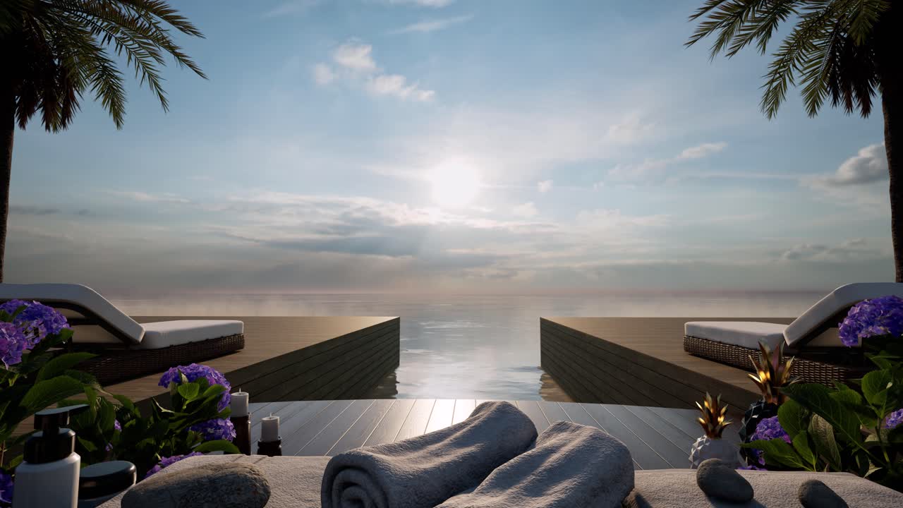 Cenário de bem-estar spa 3 com palmeiras, flores, toalhas, pedras curativas e cremes de tratamento spa em superfície de madeira, durante o dia, animação 3D, tratamento de salão SPA, relaxamento.