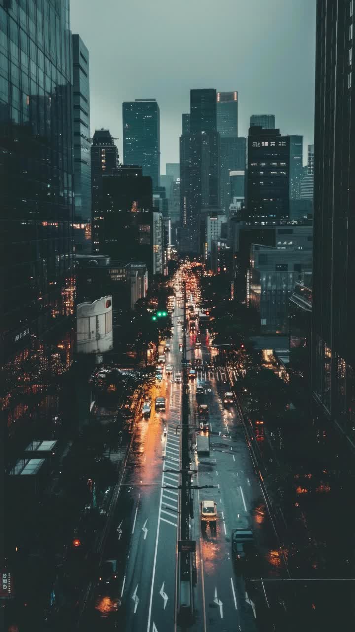 Aerial view of a bustling city street at dusk, capturing vibrant lights and skyscrapers