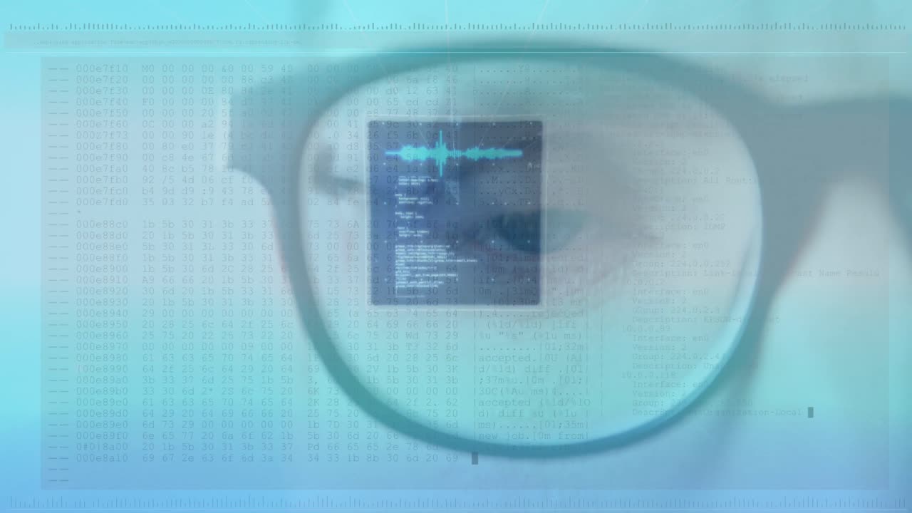 Animation of data processing over man's blue eye and glasses