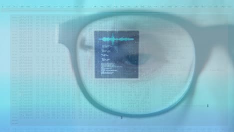 animation of data processing over man's blue eye and glasses