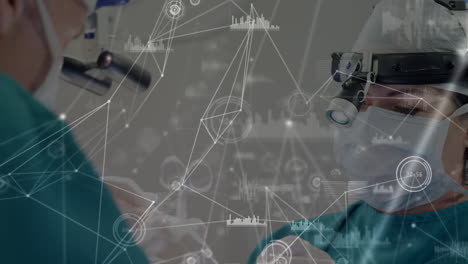 animation of network of connections over two caucasian surgeons in operating theater