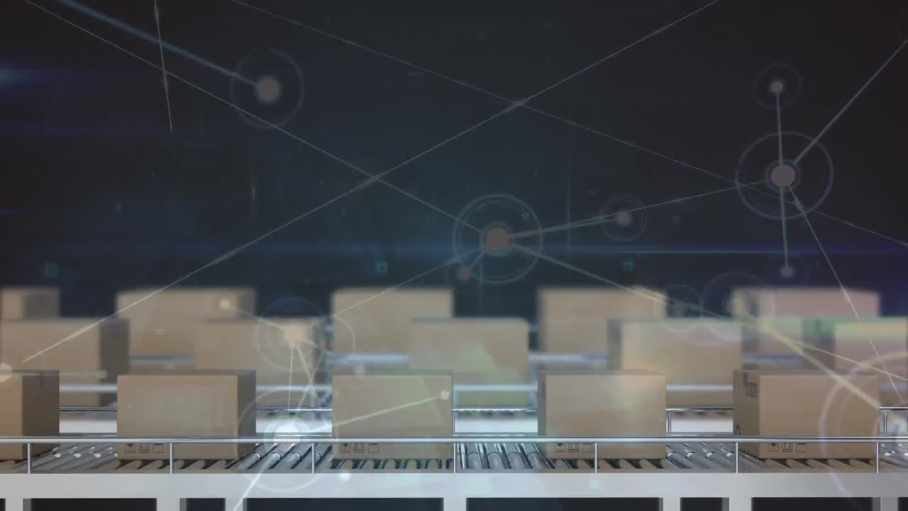 컨베이어 벨트에 있는 상자 위의 연결 네트워크의 애니메이션