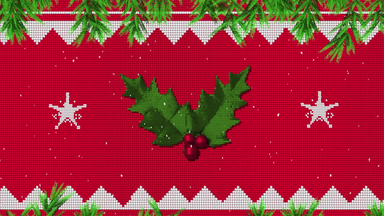 animación de la decoración navideña con ramas de acebo y abeto sobre la nieve que cae