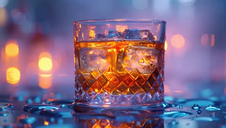 a glass of whiskey with ice and bokeh lights