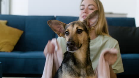 woman and dog at home