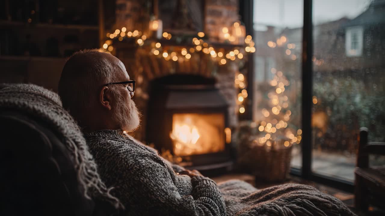 A Tranquil Evening by the Fireplace: An Elderly Man Enjoys the Warm Glow and Cozy Ambiance Amidst Holiday Decorations and Soft Raindrops Outside the Window