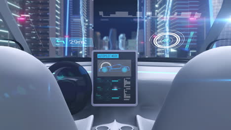 video game simulation screen showing car cockpit driving through city streets