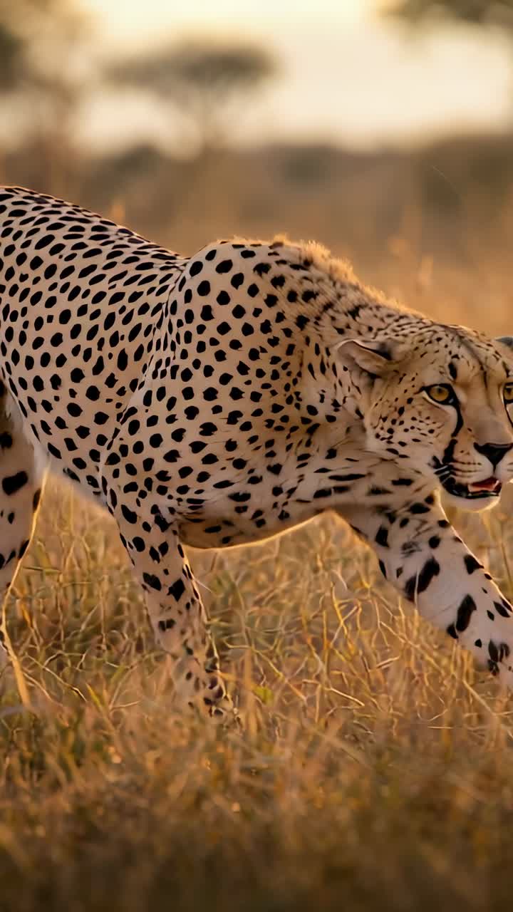Vertical video: Starting camera tracking, adult cheetah moving across dry grassland, warm backlight