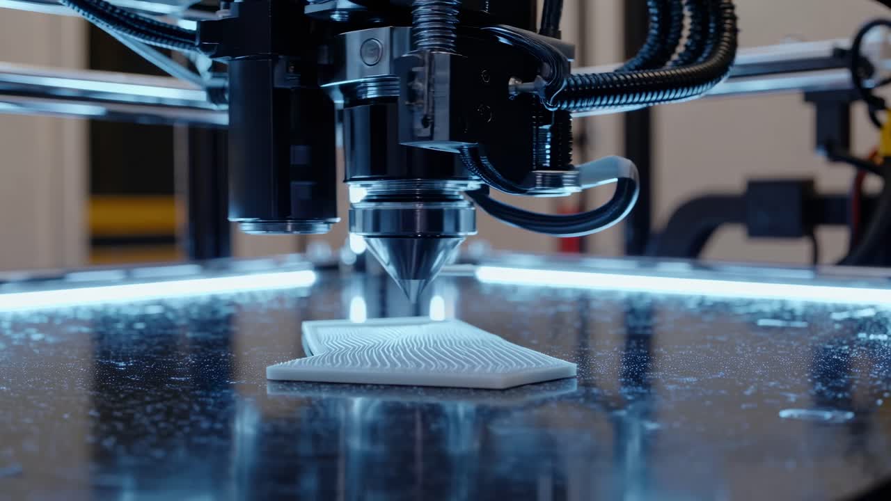 Close-up video shot of a 3D printer in action, capturing the intricate details of the printing
