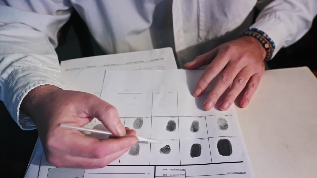 Forensic laboratory analyst study's fingerprint card evidence details