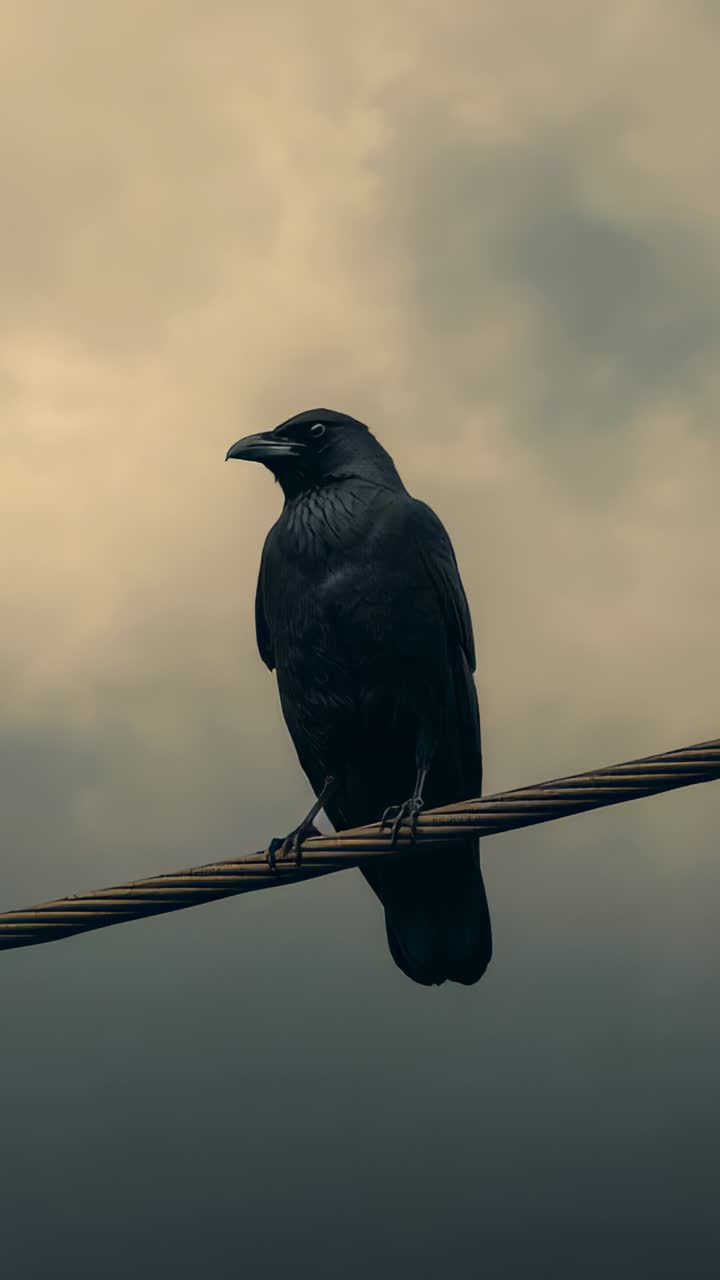 Vertical video: Perching black crow, camera framing low, turning toward lens on metal wire, dim sky