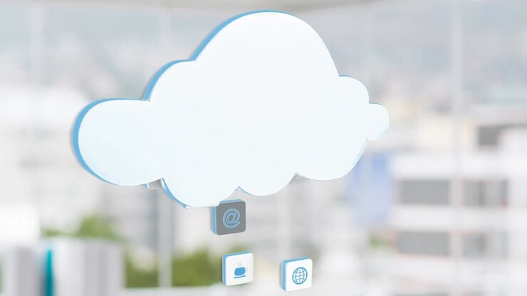 Cloud with digital icons over an out of focus background
