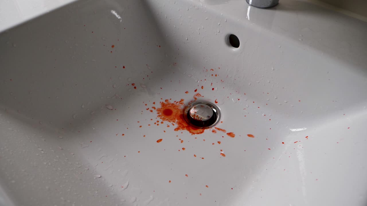 toma en cámara lenta de la sangre fresca goteando en el lavabo del baño