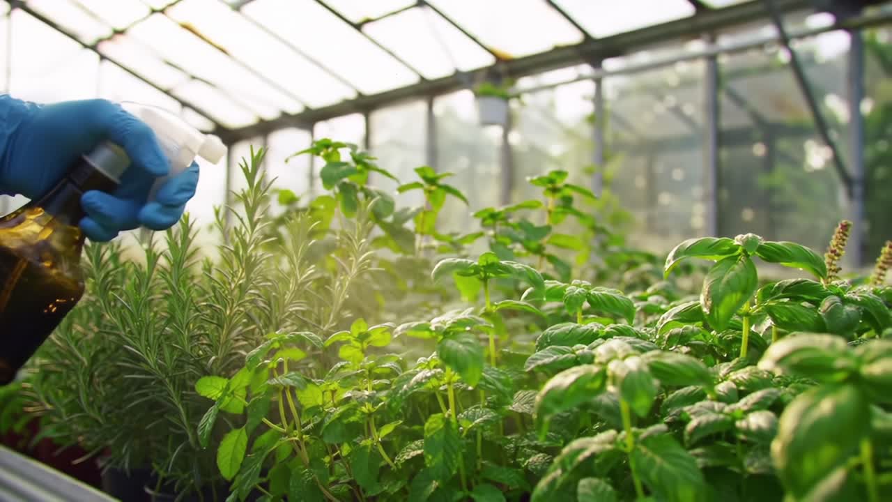 Close-Up of a Gardener's Hand Spraying Essential Nutrients on a Lush Indoor Herb Garden, Focusing on the Vitality of Fresh Greenery Under Natural Light