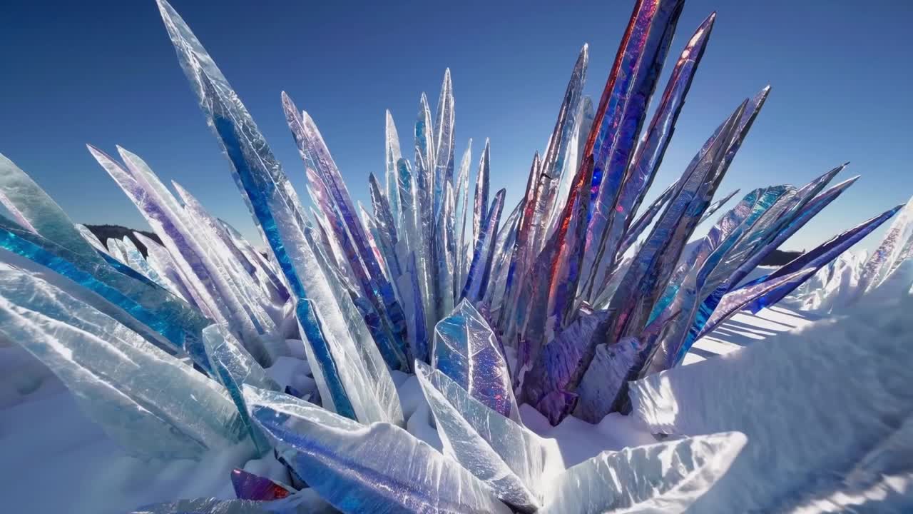 Vibrant crystalline formations emerge from snowy landscape, showcasing intricate textures and colors, capturing the enchanting beauty of nature's frozen artistry in a seamless motion sequence