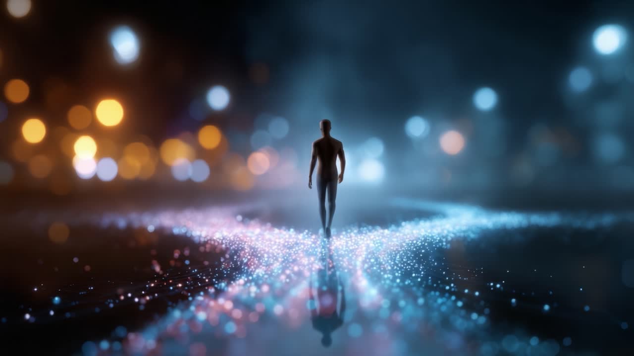Una figura solitaria cammina attraverso un paesaggio onirico di particelle luminose e luci bokeh soffuse, creando un'atmosfera incantevole di tranquillità e introspezione